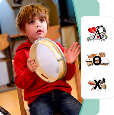 Kind met tamboerijn en ritme instrumenten icoon trommels met vel slag instrumenten schudinstrumenten