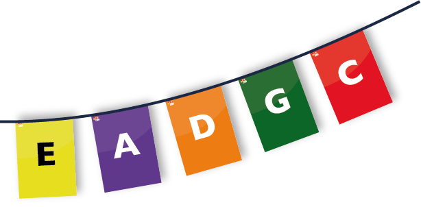 Gekleurede vlaggen lijn met noten E A D G C