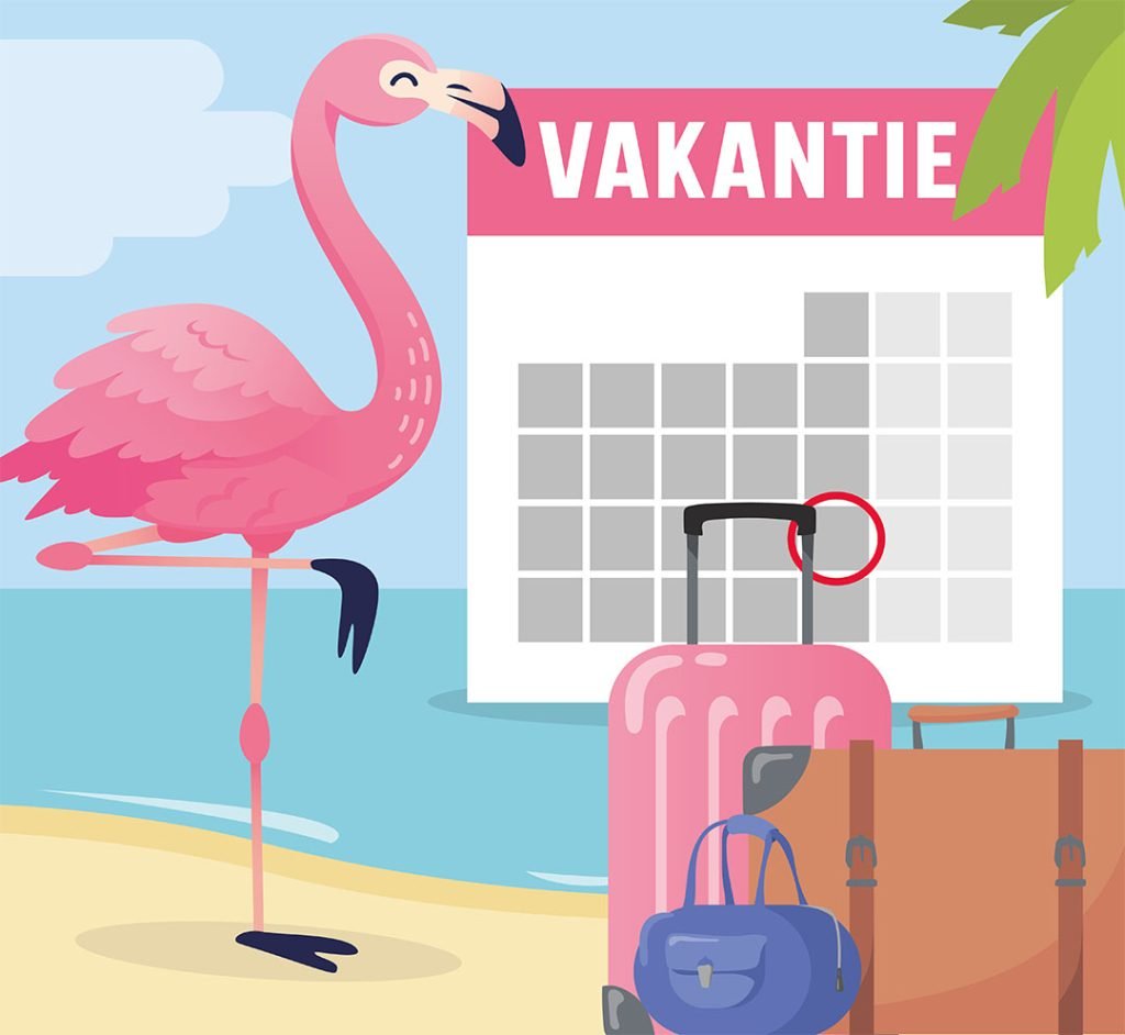 123ZING flamingo flatart met koffers en een kalender voor bij de zomeractie.